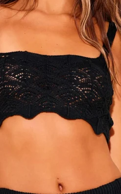 Best PrettyLittleThing Patterned Crochet Knit Square Neck Crop Top Black