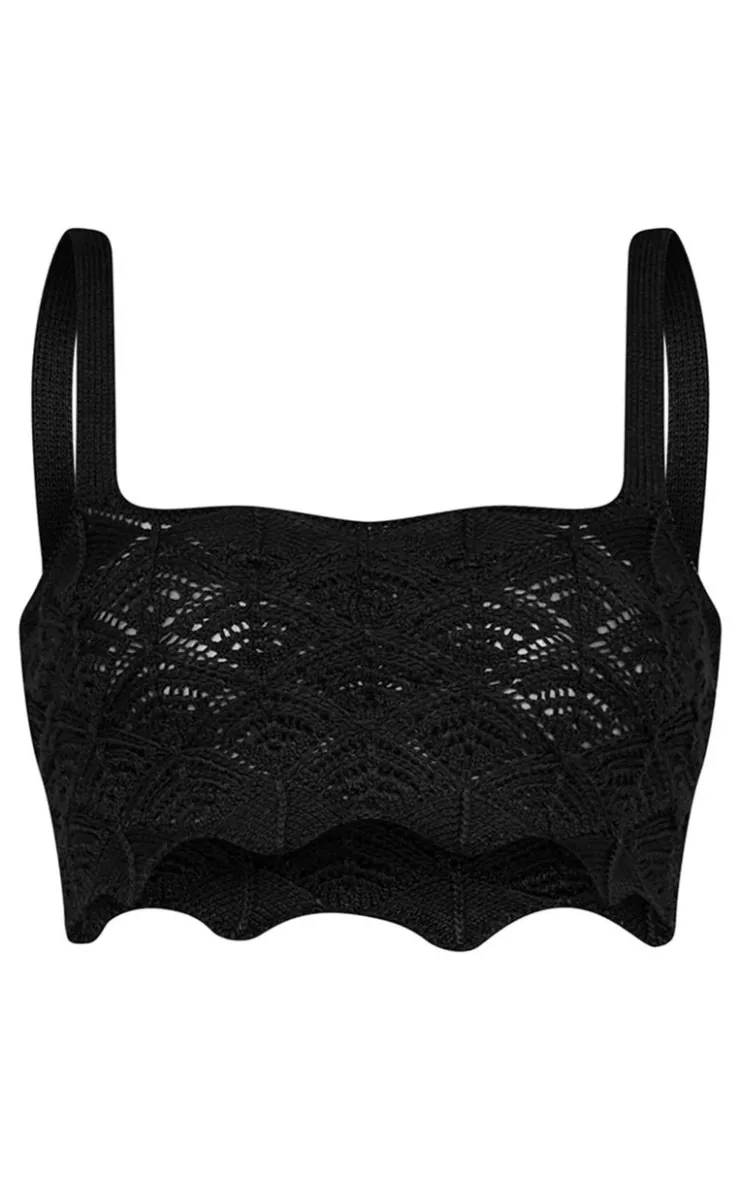 Best PrettyLittleThing Patterned Crochet Knit Square Neck Crop Top Black