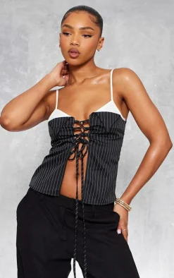 PrettyLittleThing Corsets*Pinstripe Contrast Stap Lace Up Top