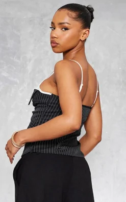 PrettyLittleThing Corsets*Pinstripe Contrast Stap Lace Up Top