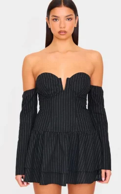 Pinstripe Cup Detail Bardot Shift Dress-PrettyLittleThing Clearance