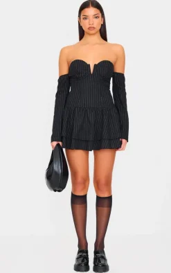 Pinstripe Cup Detail Bardot Shift Dress-PrettyLittleThing Clearance