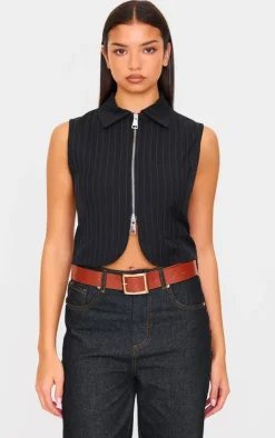 PrettyLittleThing Sleeveless Tops*Pinstripe Double Zip Sleeveless Shirt