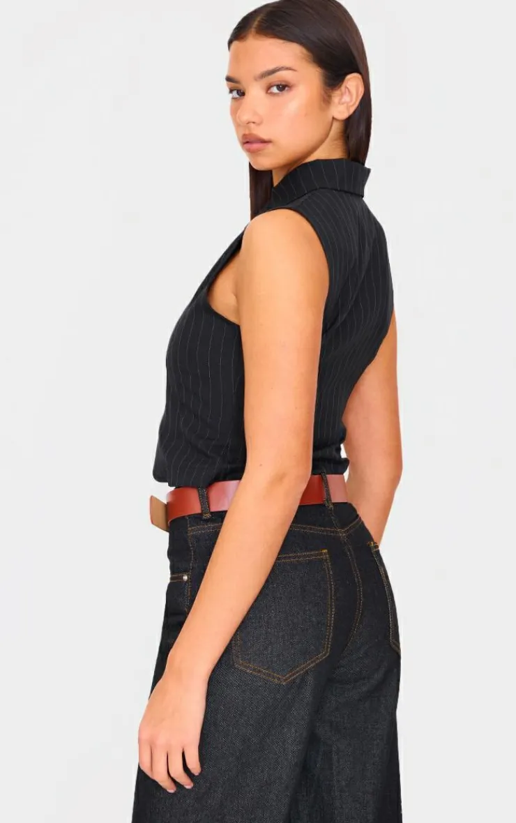 PrettyLittleThing Sleeveless Tops*Pinstripe Double Zip Sleeveless Shirt