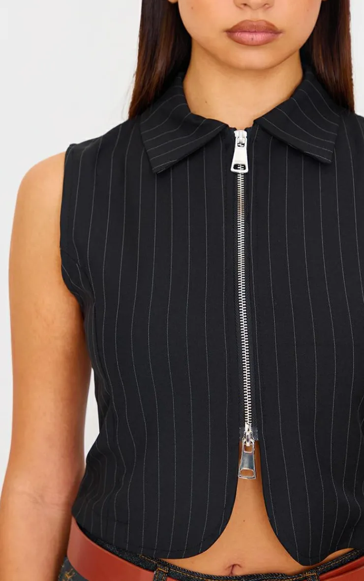 PrettyLittleThing Sleeveless Tops*Pinstripe Double Zip Sleeveless Shirt