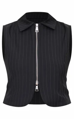 PrettyLittleThing Sleeveless Tops*Pinstripe Double Zip Sleeveless Shirt