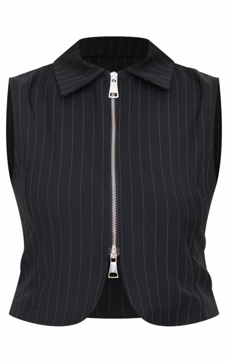 PrettyLittleThing Sleeveless Tops*Pinstripe Double Zip Sleeveless Shirt