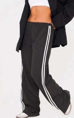 Black Pinstripe Side Stripe Detail Drawstring Low Waist Pants