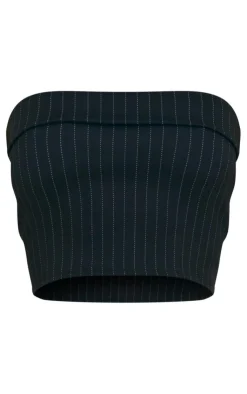 Sale PrettyLittleThing Black Pinstripe Stretch Woven Fold Over Detail Bandeau Black Stripes