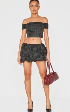 Online PrettyLittleThing Pinstripe Woven Tailored Puff Ball Skirt Black