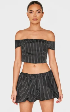 Online PrettyLittleThing Pinstripe Woven Tailored Puff Ball Skirt Black