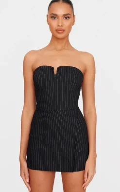 Black Pinstripe Woven Zip Front Skort Romper