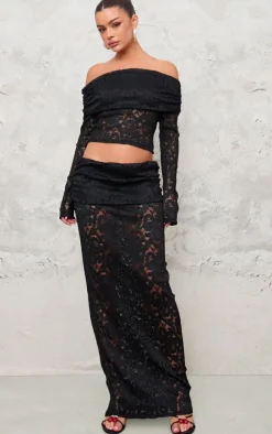 Outlet PrettyLittleThing Pleated Lace Foldover Maxi Skirt Black