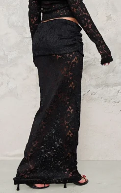Outlet PrettyLittleThing Pleated Lace Foldover Maxi Skirt Black