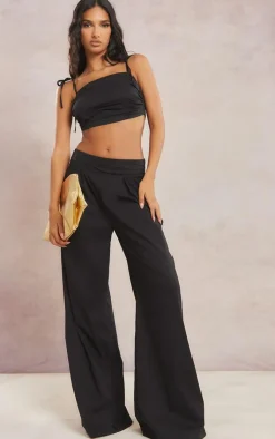 Online PrettyLittleThing Pleated Waistband Extreme Wide Leg Pants Black