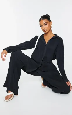 Hot PrettyLittleThing Plisse Button Front Oversized Shirt Black