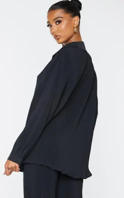 Hot PrettyLittleThing Plisse Button Front Oversized Shirt Black