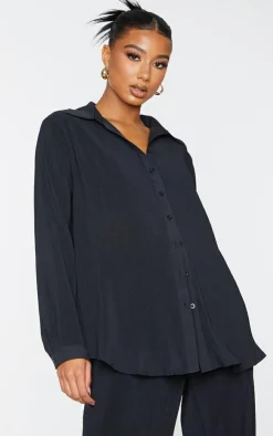 Hot PrettyLittleThing Plisse Button Front Oversized Shirt Black
