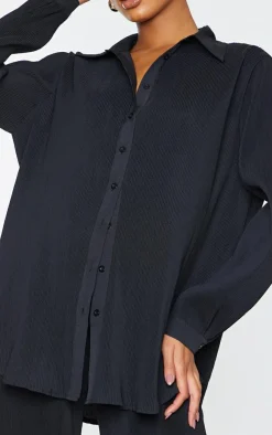 Hot PrettyLittleThing Plisse Button Front Oversized Shirt Black