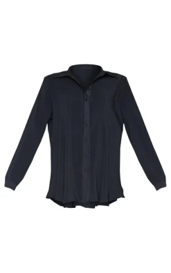 Hot PrettyLittleThing Plisse Button Front Oversized Shirt Black