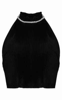Discount PrettyLittleThing Plisse High Neck Pearl Detail Crop Top Black
