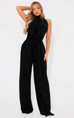 Plisse High Neck Scoop Back Wide Leg Jumpsuit-PrettyLittleThing Sale
