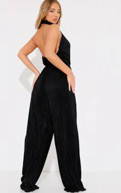 Plisse High Neck Scoop Back Wide Leg Jumpsuit-PrettyLittleThing Sale