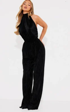 Plisse High Neck Scoop Back Wide Leg Jumpsuit-PrettyLittleThing Sale