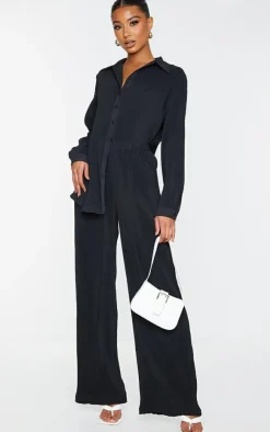 Clearance PrettyLittleThing Plisse High Waisted Wide Leg Pants Black