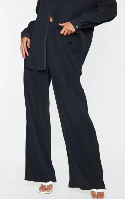 Clearance PrettyLittleThing Plisse High Waisted Wide Leg Pants Black
