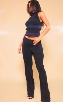 PrettyLittleThing Plisse Woven Wide Leg Pants Black