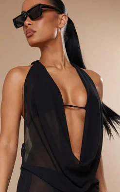 Black Plunge Front Open Back Beach Dress