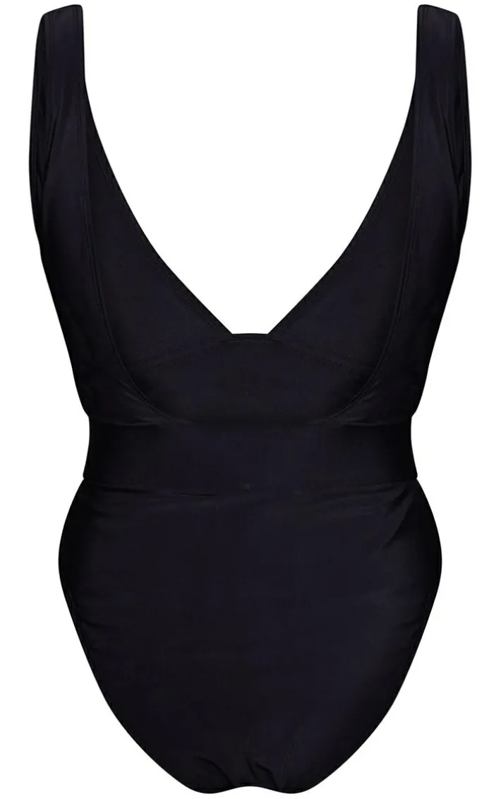 Black Plunge Rattan Belted High Leg Swimsuit
