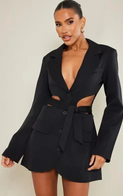 Plunge Side Cut Out Tie Detail Blazer Dress-PrettyLittleThing Clearance