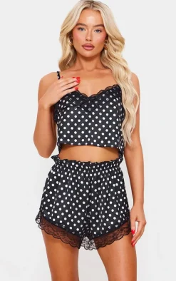 PrettyLittleThing Christmas Shop*Polka Dot Cropped Lace Trim Satin Cami And Short Pj Set