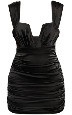 Premium Constructed Satin V Bar Ruched Mini Dress-PrettyLittleThing New