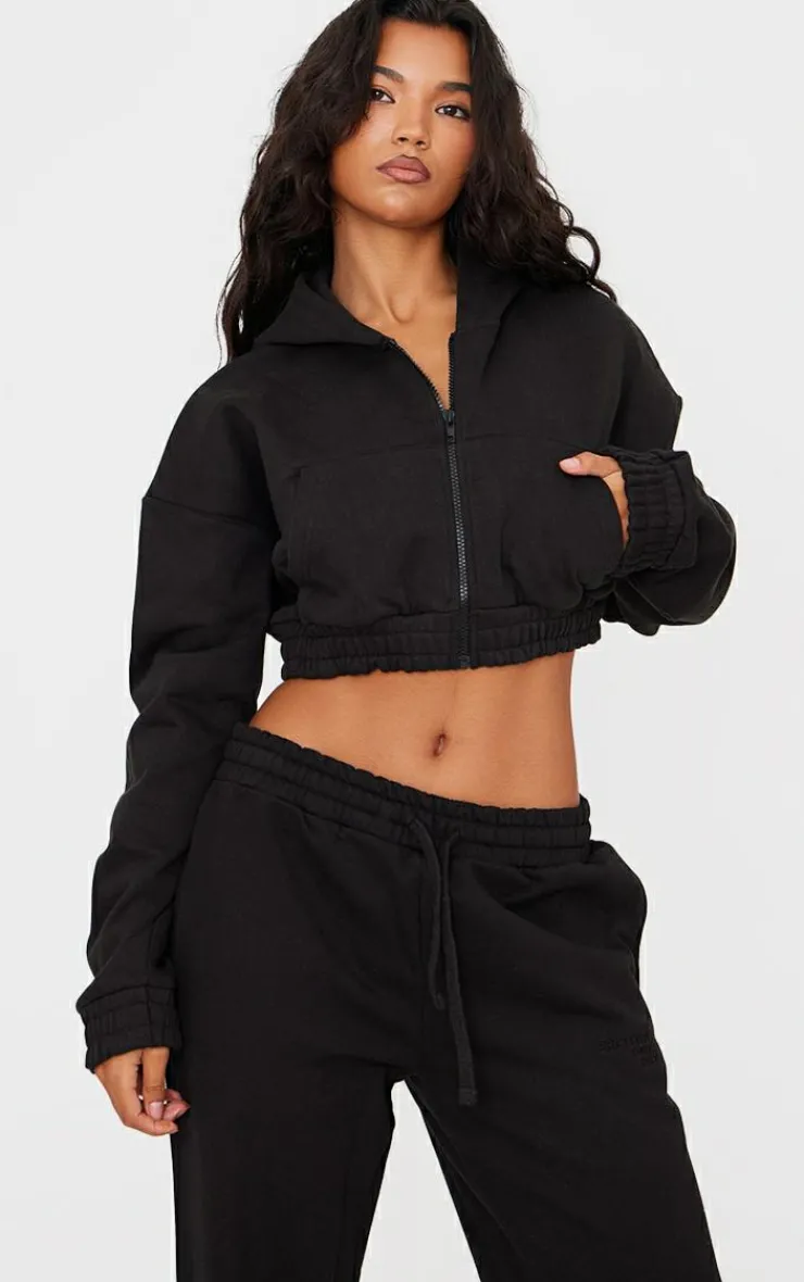 PrettyLittleThing Black Sweatsuits*Premium Cropped Waistband Detail Hoodie