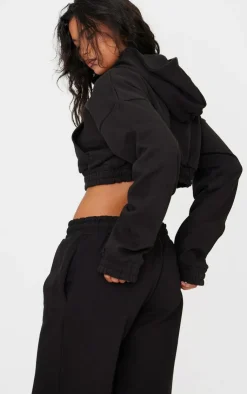 PrettyLittleThing Black Sweatsuits*Premium Cropped Waistband Detail Hoodie