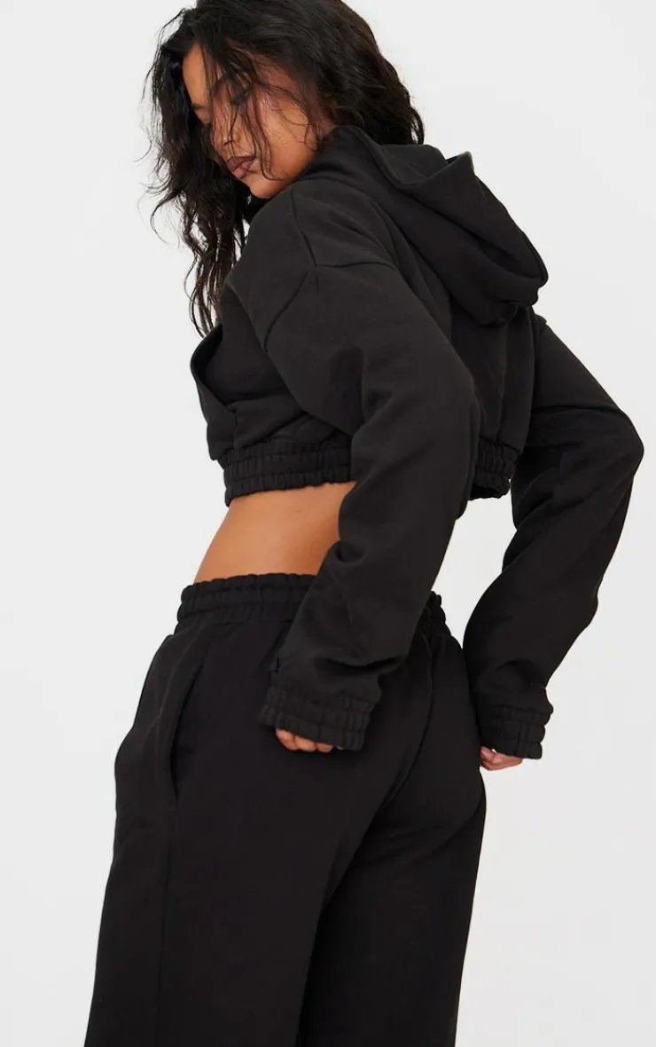 PrettyLittleThing Black Sweatsuits*Premium Cropped Waistband Detail Hoodie