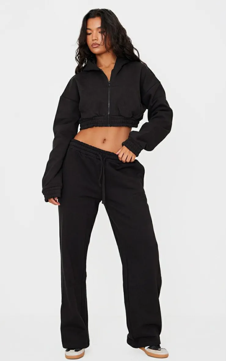 PrettyLittleThing Black Sweatsuits*Premium Cropped Waistband Detail Hoodie