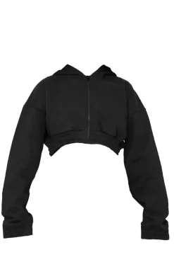 PrettyLittleThing Black Sweatsuits*Premium Cropped Waistband Detail Hoodie