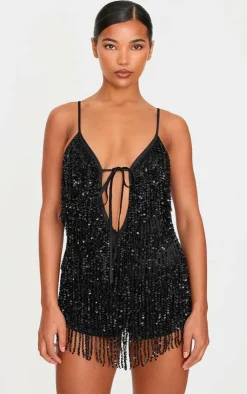 Premium Full Embellished Plunge Strappy Romper-PrettyLittleThing Online