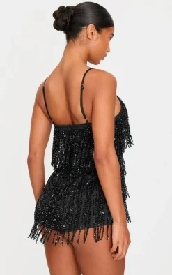 Premium Full Embellished Plunge Strappy Romper-PrettyLittleThing Online