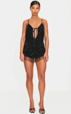 Premium Full Embellished Plunge Strappy Romper-PrettyLittleThing Online