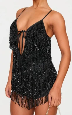 Premium Full Embellished Plunge Strappy Romper-PrettyLittleThing Online