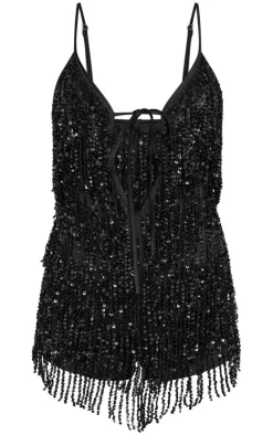 Premium Full Embellished Plunge Strappy Romper-PrettyLittleThing Online