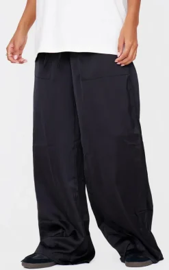 Black Premium Satin Low Rise Wide Leg Drawstring Pants