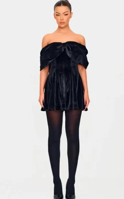 Premium Velvet Extreme Bow Detail Romper-PrettyLittleThing