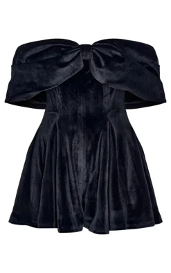 Premium Velvet Extreme Bow Detail Romper-PrettyLittleThing