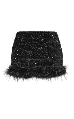 Premium Velvet Sequin Feather Hem Mini Skirt-PrettyLittleThing New